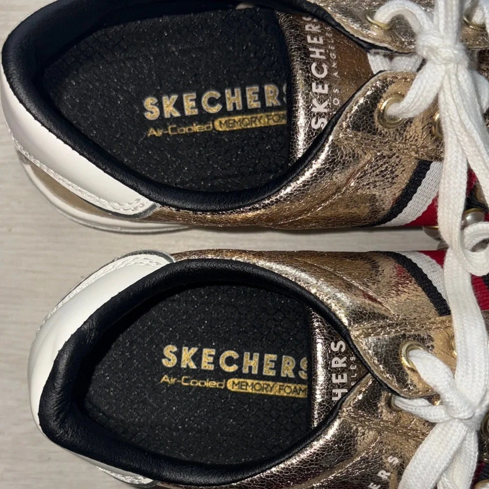 Skechers Metallic Gold Sneakers with Red and White Accents and Pearl details - Picture 2 of 6